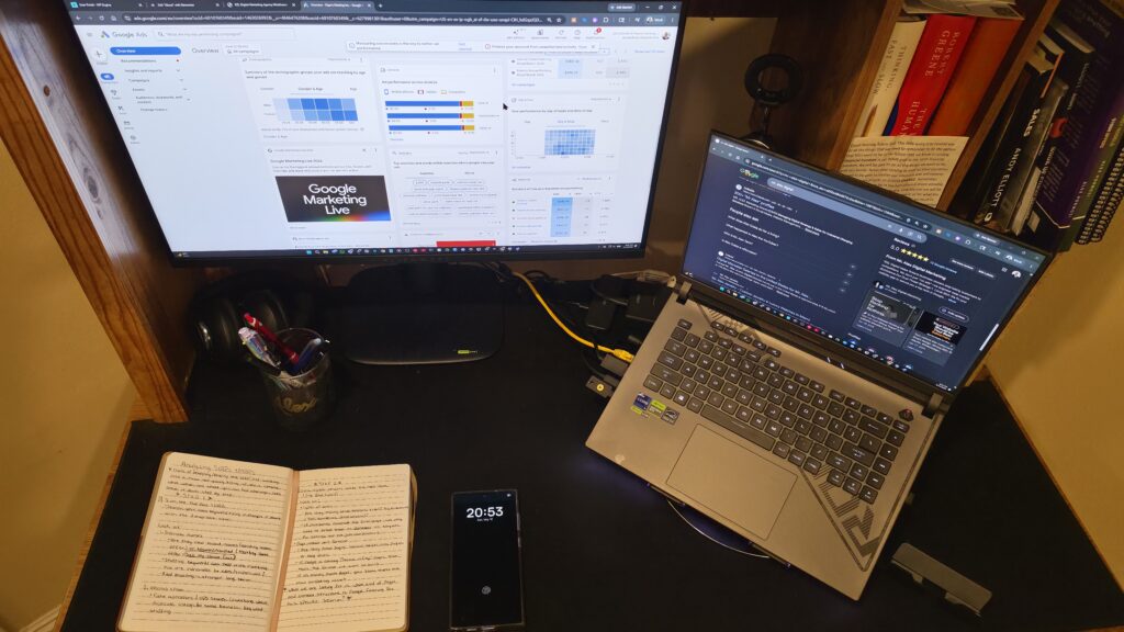 Mr. Alex working at his digital marketing desk in Ontario, California, planning local SEO and Google Ads campaigns for small businesses.